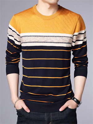 Male Casual Striped Round Neck Knitting Sweater