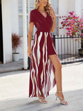 Women's V Neck Waisted Wavy Striped Romper Dress