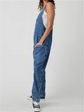 Female Wearable Solid Color Baggy Denim Jumpsuits