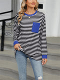 Contrast Color Stripe Chest Pocket Long Sleeve Shirt for Women