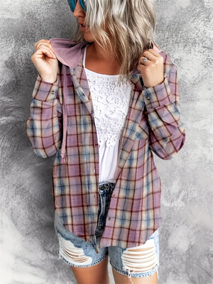 Casual Plaid Button Up All Match Hoodies for Women