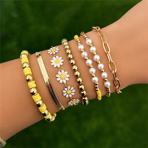 Fashion 7pcs/Set Daisy Imitation Pearl Snake Chain Bracelets