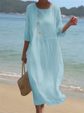 Women's Round Neck Half Sleeve Embroidery Linen Blend Midi Dress