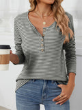 Female Stylish Round Neck Striped Button T-Shirt