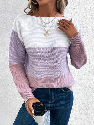 Female Color Contrast Patchwork Round Neck Pullover Sweater