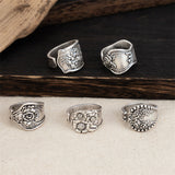 Ethnic Style Hand-Carved Flower 5Pcs/Set Women's Opening Ring