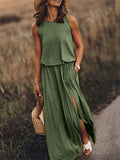 Women's Round Neck Sleeveless Solid Color Slit Dress