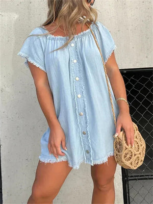 Retro Off Shoulder Raw Edge Denim Dress for Women