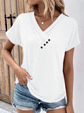 Women's V Neck Decorative Buttons Short Sleeve Fit T-shirt