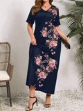 Women's Plus Size Flower Printed Short Sleeve V-Neck Dress