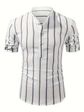 Men's Vertical Stripe Stand Collar Short Sleeve Shirt for Holiday