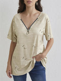 Zip V Neck Heart-Shaped Print Short Sleeve Shirt for Women