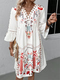 V-neck Bell Sleeve Lace Spliced Printed Dress for Women