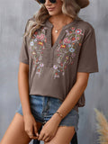 Floral Embroidered Spliced Lace Women's V-Neck T-shirt