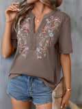 Floral Embroidered Spliced Lace Women's V-Neck T-shirt