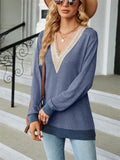 Contrast Color Lace Trim Long Sleeve T-shirt for Ladies