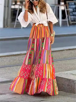 Multicolor Stripe Checked Triangle Print Boho Skirt for Women