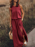 Women's Round Neck Sleeveless Solid Color Slit Dress