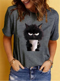 Lovely Little Black Cat Print Round Neck T-shirts for Women