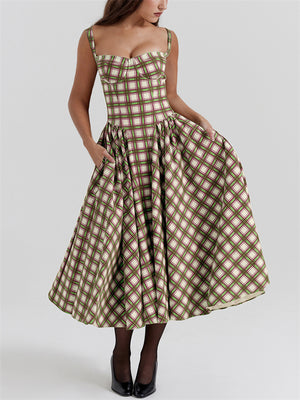 Retro Big Swing Plaid Bustier Dress for Ladies