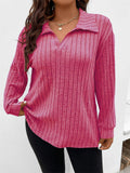 Lady V Neck Lapel Dropped Shoulder Ribbed T-shirt