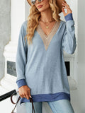 Contrast Color Lace Trim Long Sleeve T-shirt for Ladies