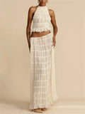 Female Pleated Halterneck Lace-Up Tank Top Maxi Skirt Set