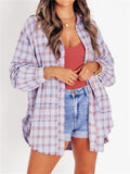 Women's Button Up Lantern Sleeve Fringed Plaid Blouse