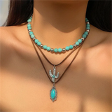 3pcs/Set Turquoise Beads Ox-head & Cactus Pendant Necklaces