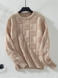 Checked Round Neck Long Sleeve Knitted Sweaters for Women