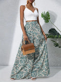 Women's Leaf Print High Waist Flowy Chiffon Wide Leg Pants