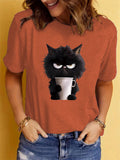 Lovely Little Black Cat Print Round Neck T-shirts for Women