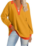 Ladies V Neck Contrast Color Oversized Long Sleeve Hoodies