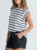 Leisure Round Neck Sleeveless Stripe Shirt for Women