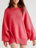 Women's Batwing Sleeve Side Slit Ribbed Crewneck Sweater