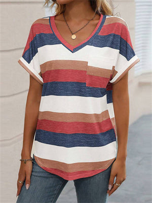 Contrast Color Stripes Short Sleeve Fitted V Neck Shirt for Women