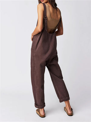 Female Wearable Solid Color Baggy Denim Jumpsuits