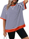 Contrast Color Stripes Round Neck Sports T-shirts for Women