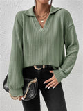 Women's Solid Color V Neck Striped Texture Long Sleeve Shirt