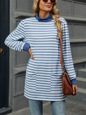 Autumn Slim Fit Long Sleeve High Collar Stripe Shirt for Women