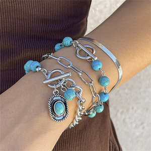 Couple 4pcs/Set OT Buckle Turquoise Stone Charm Bracelets