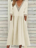 Women's Lace V Neck Half Sleeve Pocket Cotton Linen A-line Dress