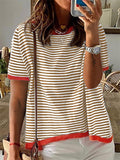 Stripe Contrast Color Short Sleeve Knitted Tops for Women