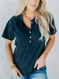 Leisure Washed Effect Buttoned Neck T-shirt for Women