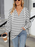 Classic Stripe V Neck Drawstring Hoodies for Women