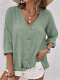 Women's Loose Fit Pullover Button Decoration V-Neck T-shirts