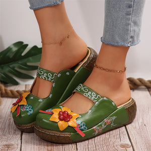 Leisure Flower Decoration Round Toe Wedge Heel Sandals for Ladies