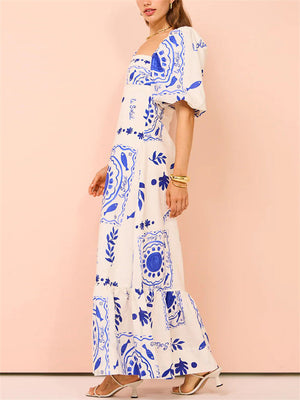 Women's Flower Printed Square Neck Lantern Sleeve Dresses