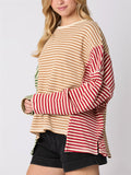 Multicolor Stripes Irregular Long Sleeve T-shirts for Women