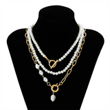 Female OT Buckle Multilayer Faux Pearl Pendant Necklace